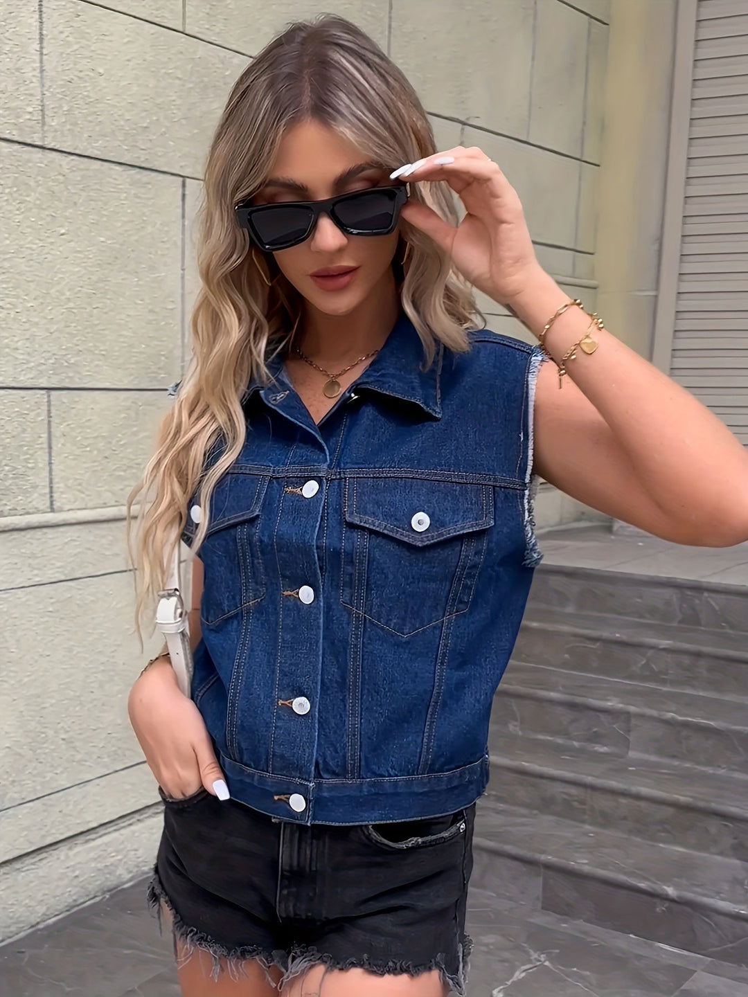 Chaleco de mezclilla lavado ácido para mujer, sin mangas, con bolsillos. Moda casual urbana.