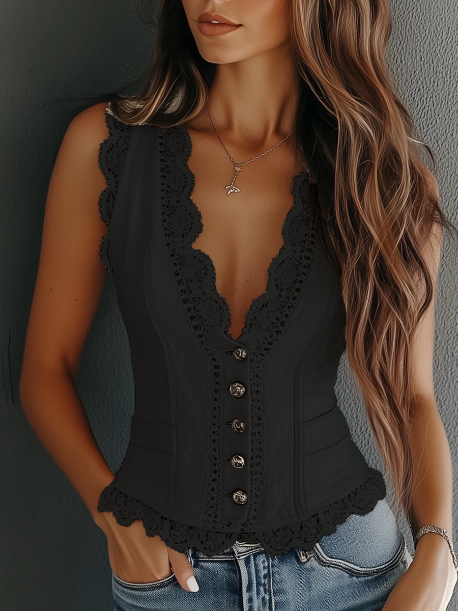 Chaleco peplum de moda para mujer, estilo elegante, perfecto para vestuario de fiesta con botones y encaje.