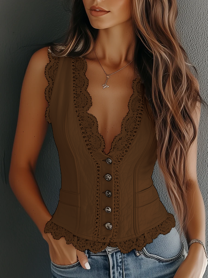 Chaleco peplum de mujer para fiesta o cóctel, diseño elegante con encaje y botones, muy de moda.
