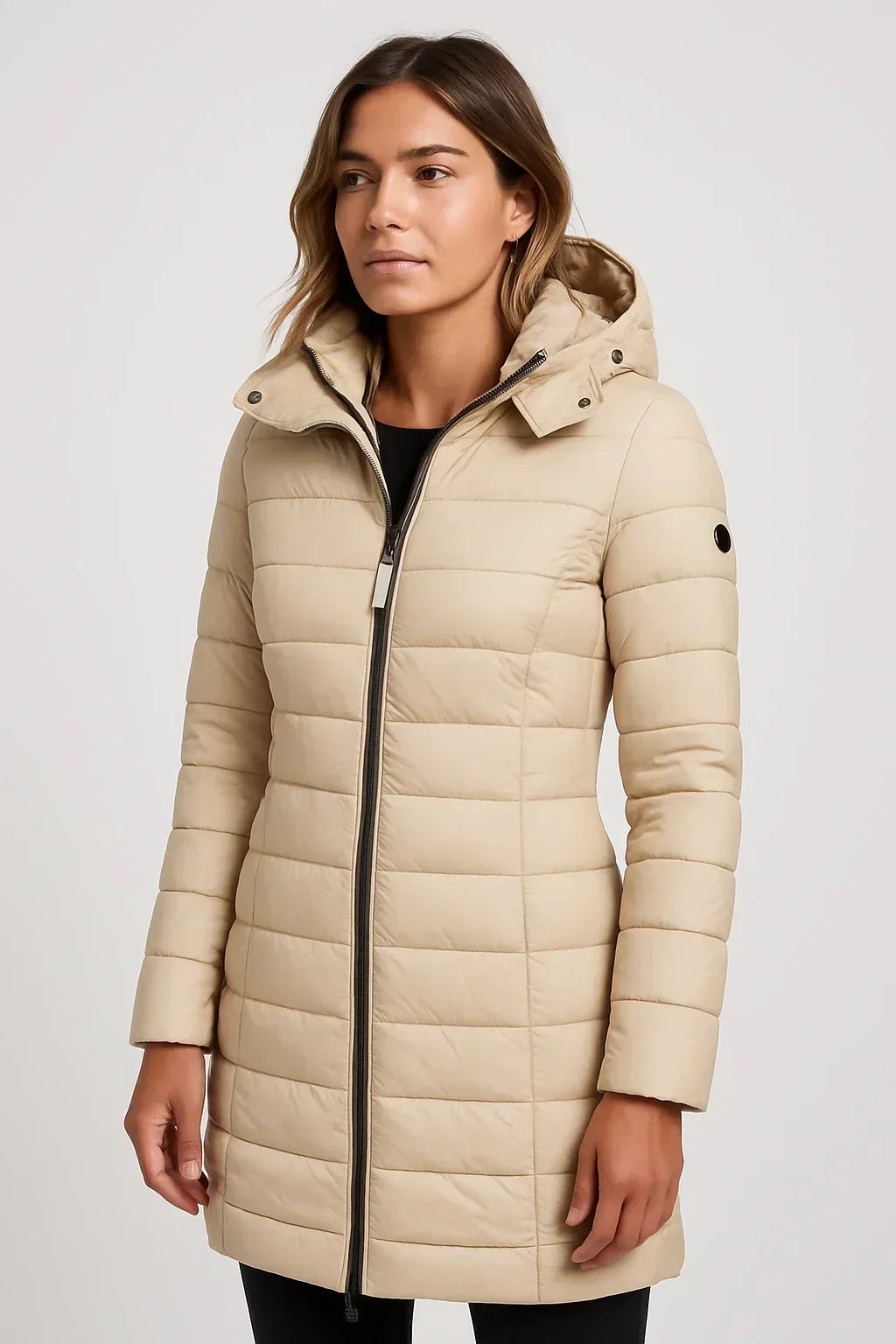Abrigo de invierno para mujer, acolchado y con capucha, que ofrece calidez y protección contra el frío.