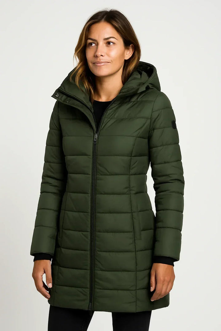 Elegante chaqueta acolchada femenina, de manga larga y con capucha, perfecta para otoño e invierno.
