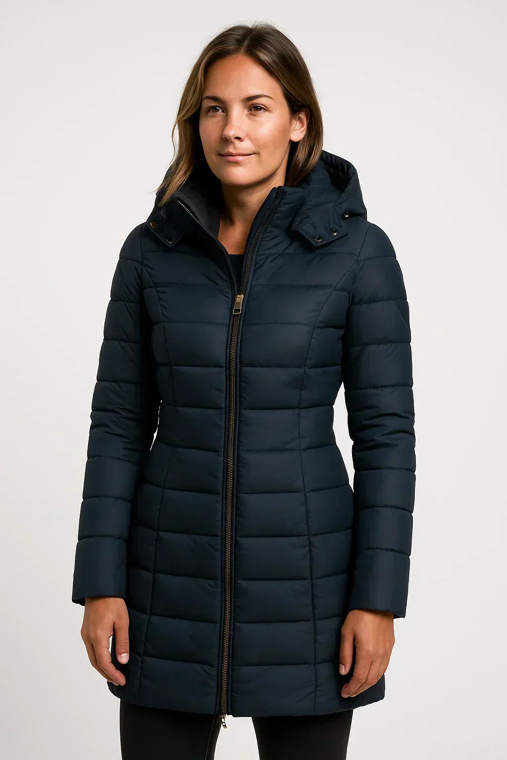 Chaqueta acolchada de mujer, con capucha y cierre cremallera, ideal para el invierno. Estilo casual y cálido.
