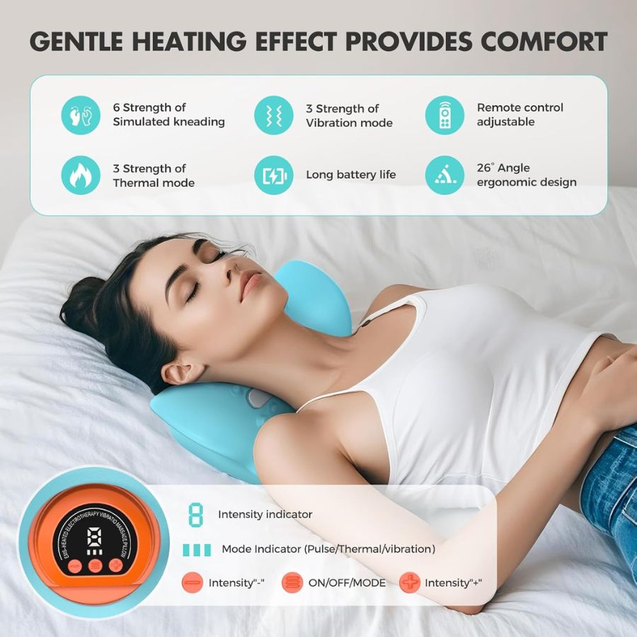 Masajeador cervical ergonómico con calor, EMS y tracción 26° para bienestar y salud del cuello.