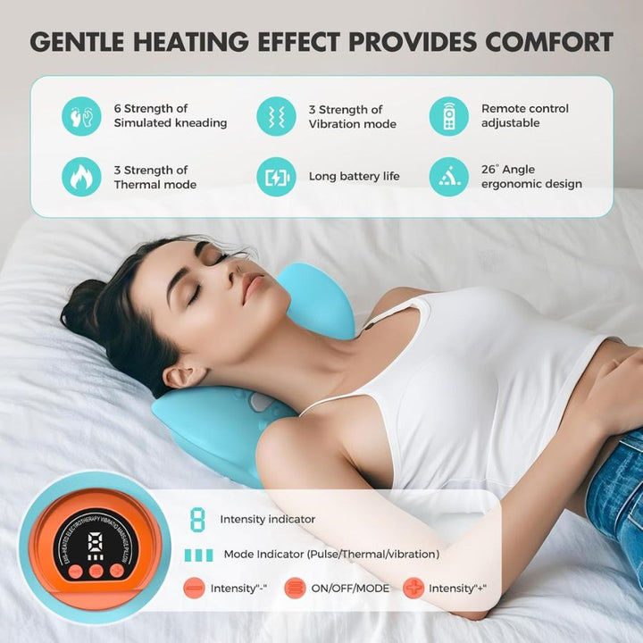 Masajeador cervical ergonómico con calor, EMS y tracción 26° para bienestar y salud del cuello.