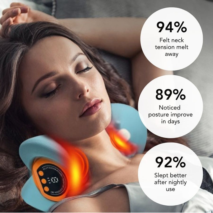 Masajeador de cuello con función de calor y tracción 26°, ideal para bienestar y salud cervical.