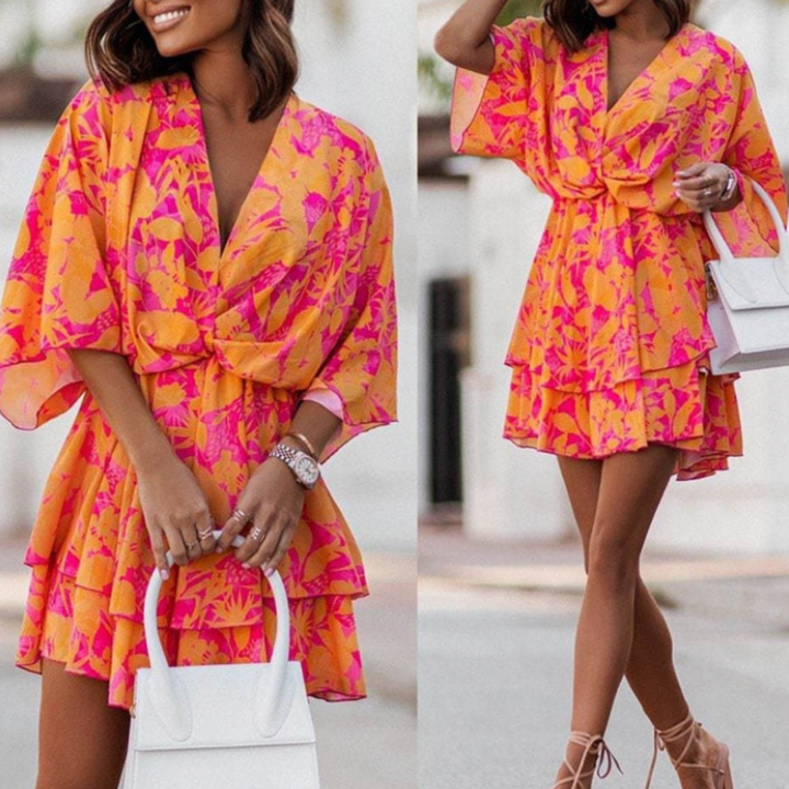 Atuendo elegante: vestido mini floral para mujer, escote en V, manga larga, estilo fiesta.
