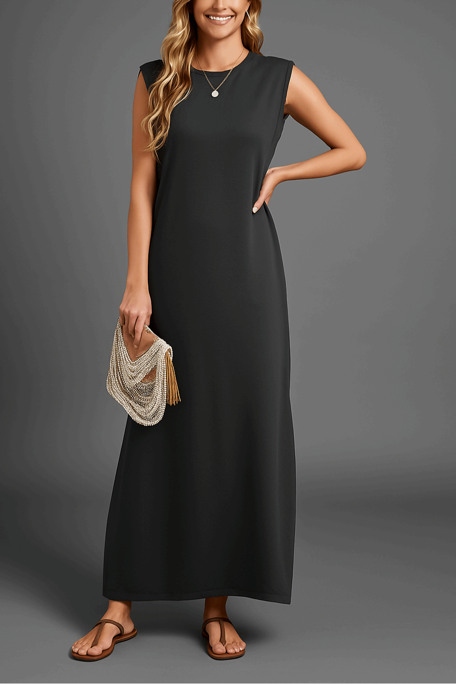 Vestido largo fluido de verano para mujer, sin mangas. Estilo veraniego elegante y cómodo para cualquier ocasión.