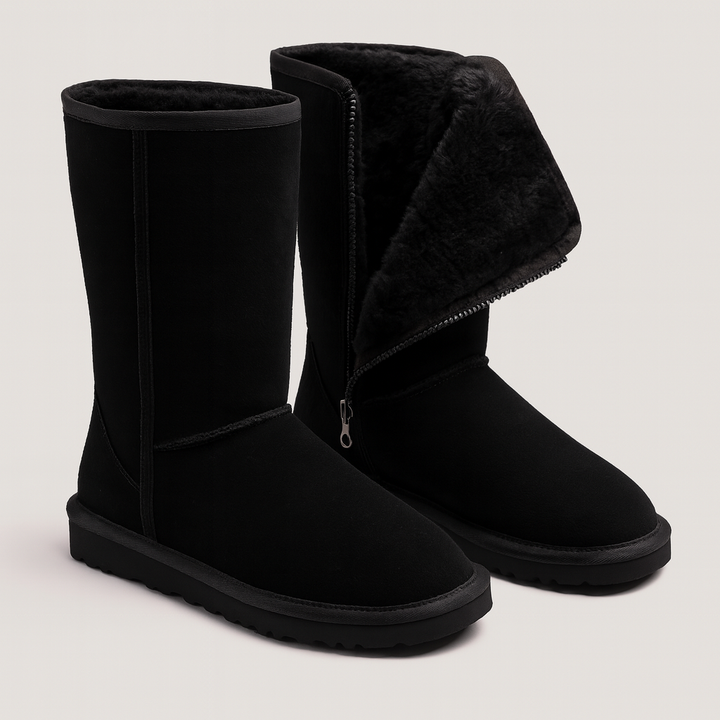 Botas de invierno para mujer, media caña, con forro suave de pelo sintético y exterior de ante. Cálidas y elegantes.
