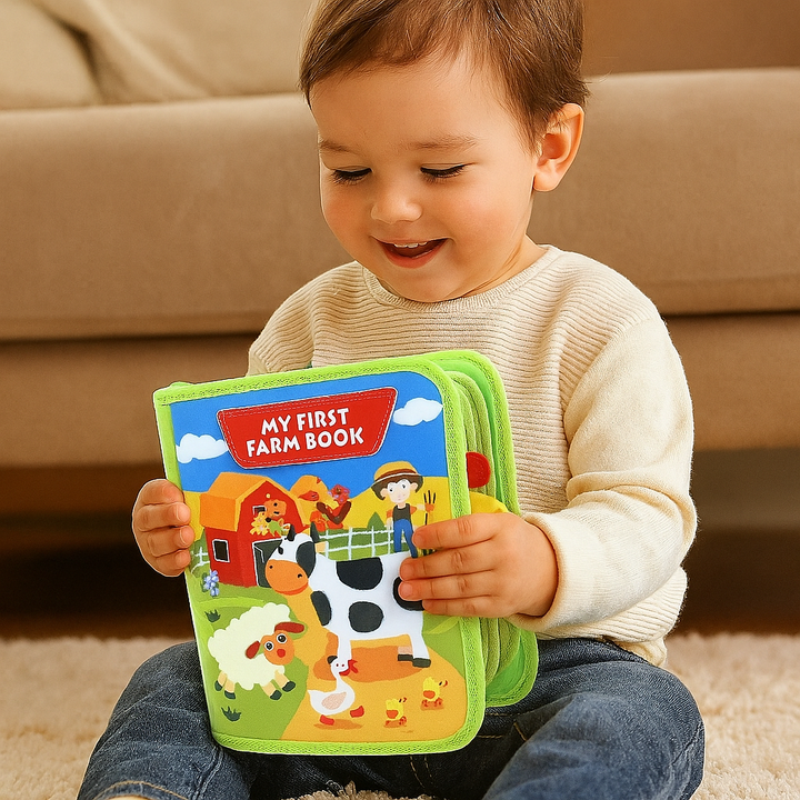 Libro sensorial Montessori: niños exploran la granja con páginas interactivas y animales, potenciando su aprendizaje.