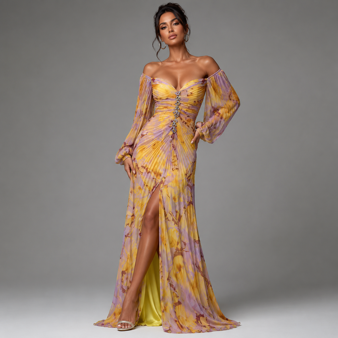 Vestido floral maxi elegante para mujer con escote en V, ideal para fiestas y bodas de verano.