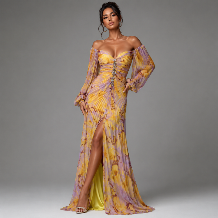Vestido floral maxi elegante para mujer con escote en V, ideal para fiestas y bodas de verano.