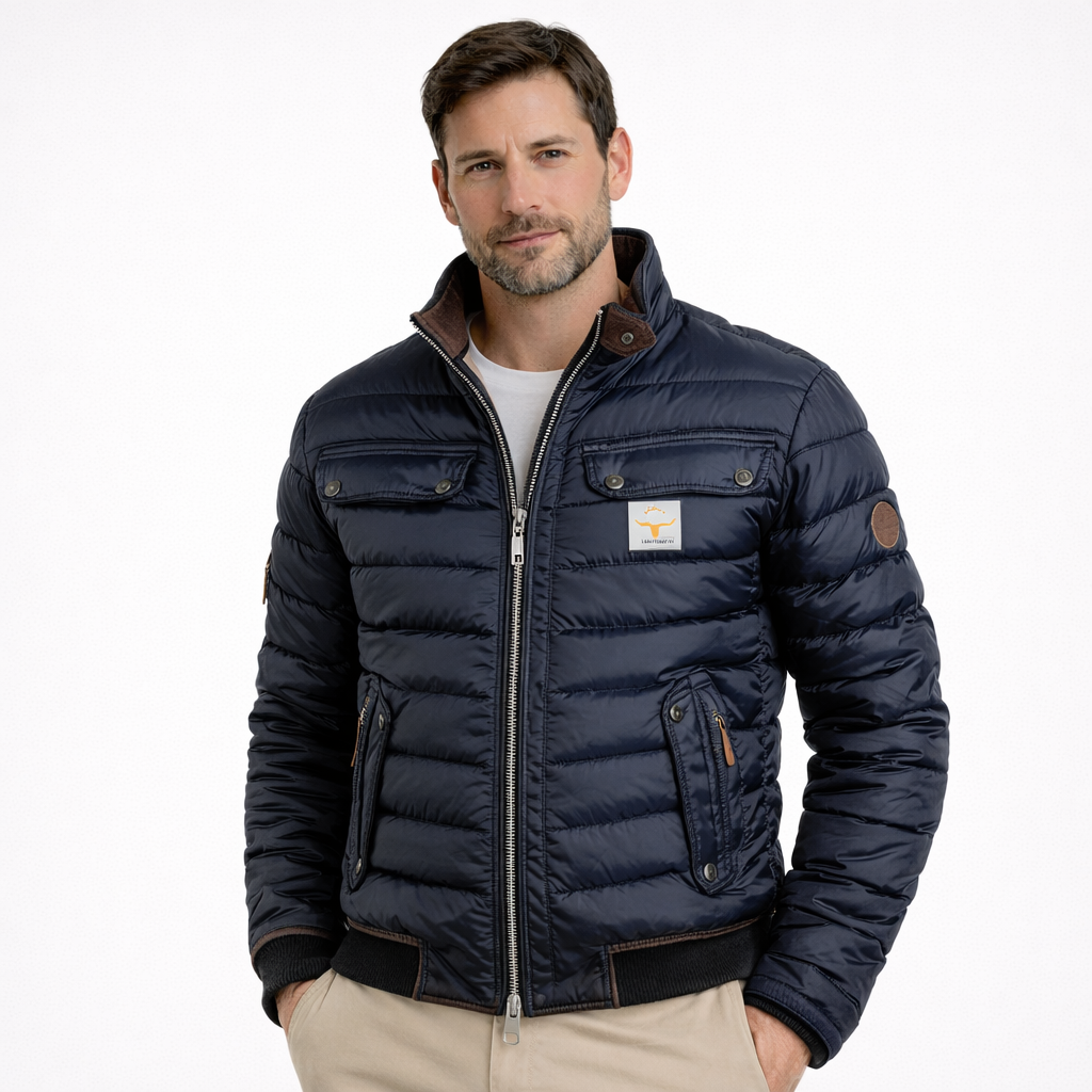 Chaqueta acolchada ligera para hombre, azul marino. Abrigo cálido y moderno para invierno, estilo casual.
