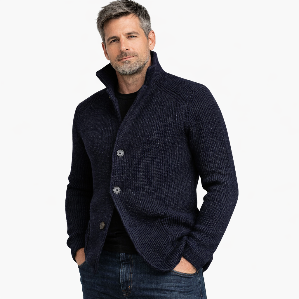 Chaqueta de punto elegante para hombre con ajuste moderno, ideal para estilo casual y formal en otoño e invierno.