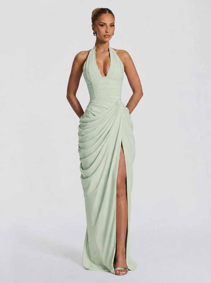 Vestido de fiesta largo para mujer, cuello halter, elegante y con abertura en la pierna.