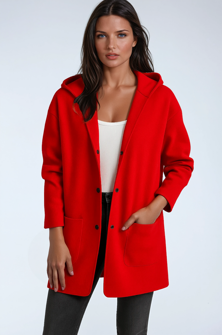 Chaqueta larga de mujer con capucha, estilo casual. Ideal para entretiempo, moda femenina versátil.