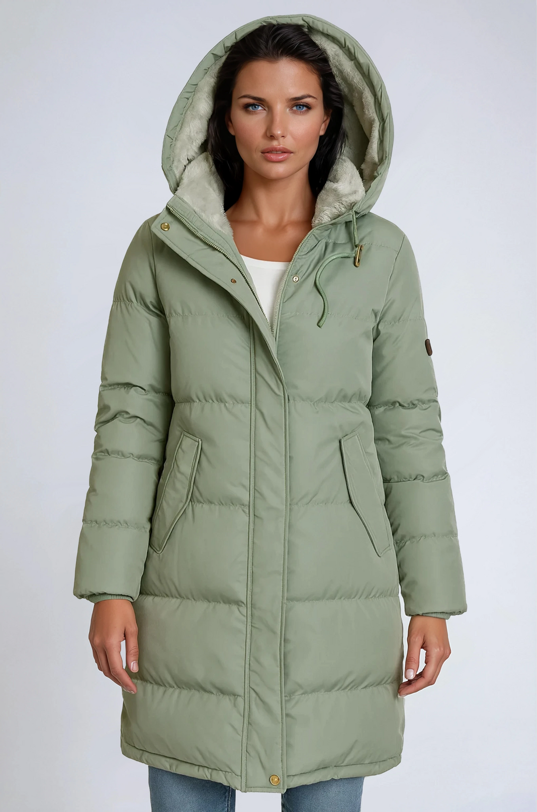 Abrigo largo de invierno para mujer con capucha, cálido y elegante. Ideal para el frío exterior, moda casual.