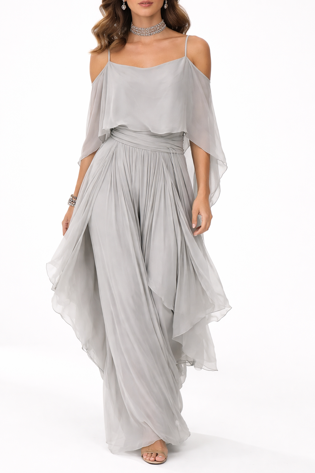 Vestido largo fluido gris para mujer, ideal para eventos. Suave, cómodo y con un toque chic sofisticado.