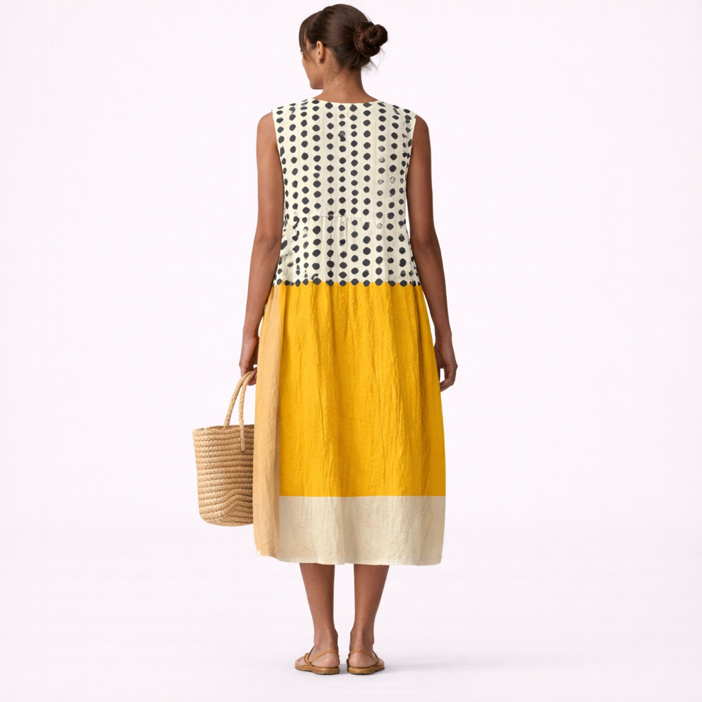 Mujer vistiendo cómodo vestido midi de verano con lunares, ideal para paseos casuales o la playa.