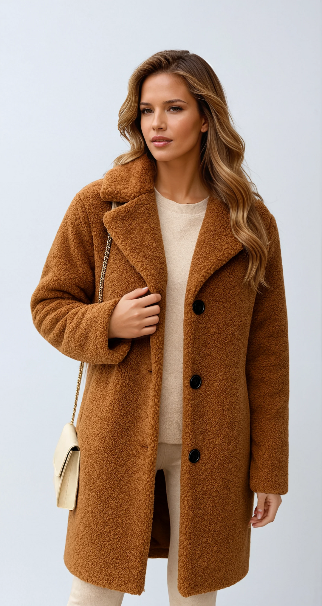 Abrigo largo de mujer LUNARA, color gris, con elegantes botones frontales. Ideal para moda de invierno y ropa exterior.