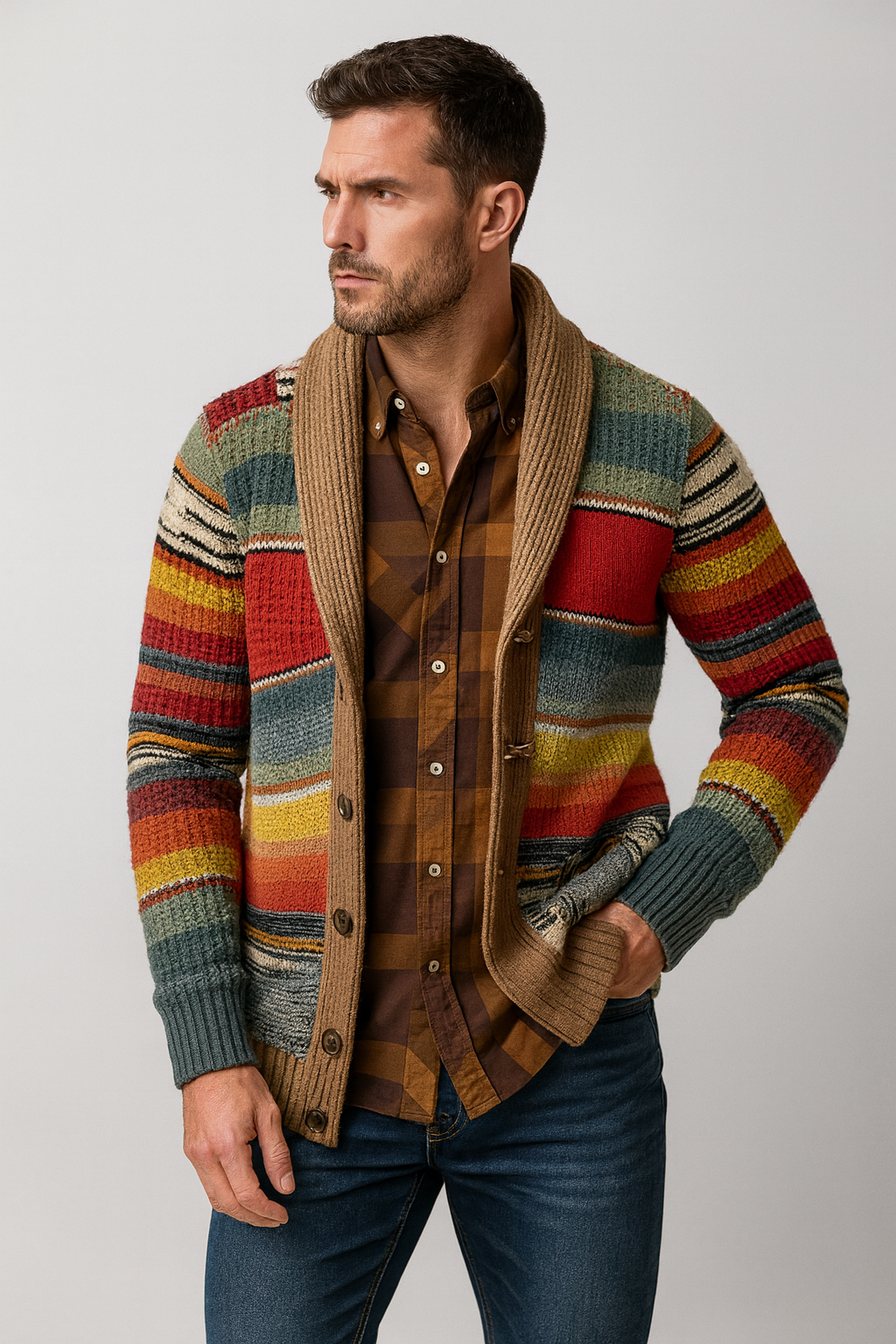 Chaqueta de punto a rayas amarillas y blancas para hombre, estilo casual de entretiempo.