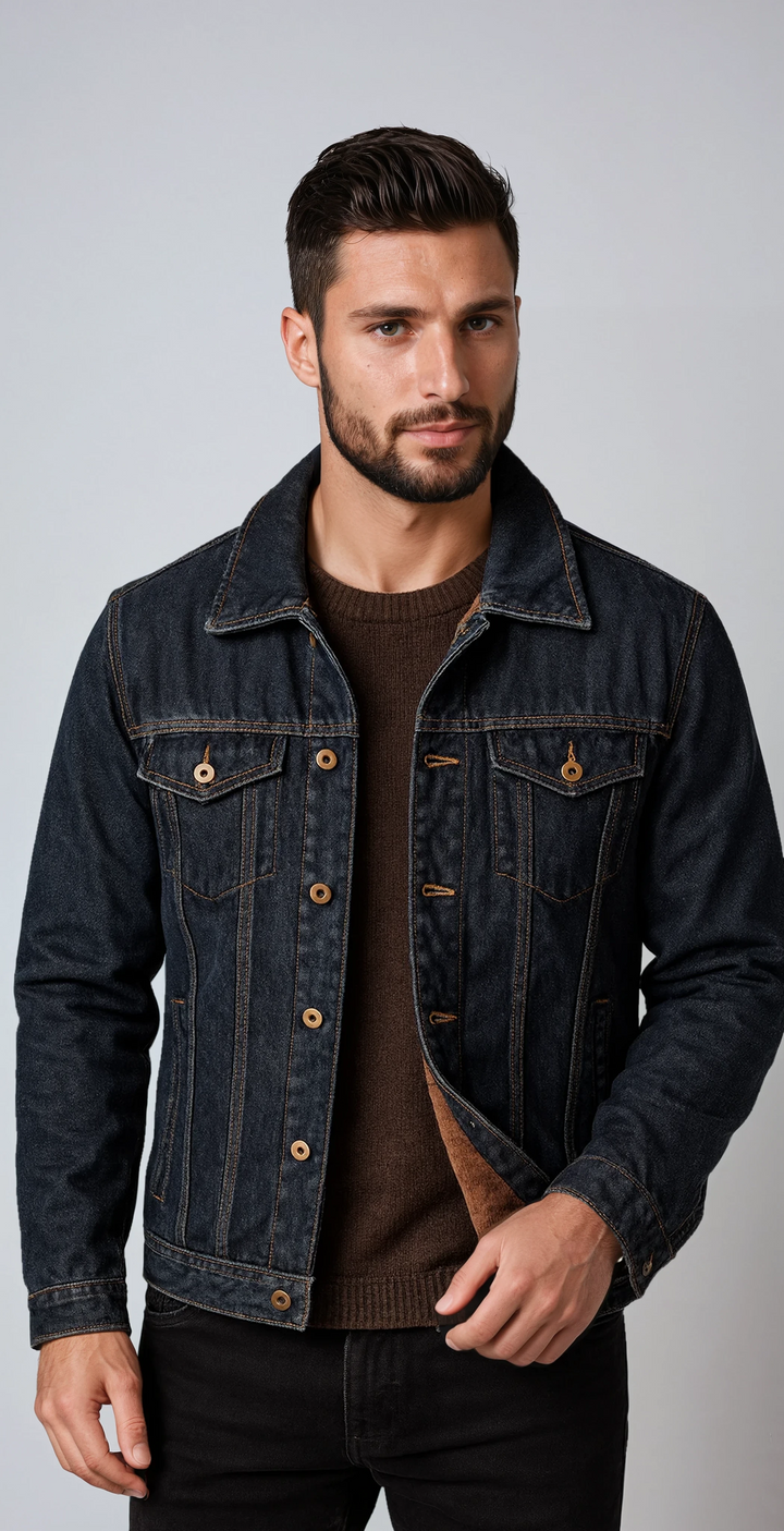 Cazadora vaquera de hombre con forro cálido, ideal para invierno. Chaqueta denim casual con botones.