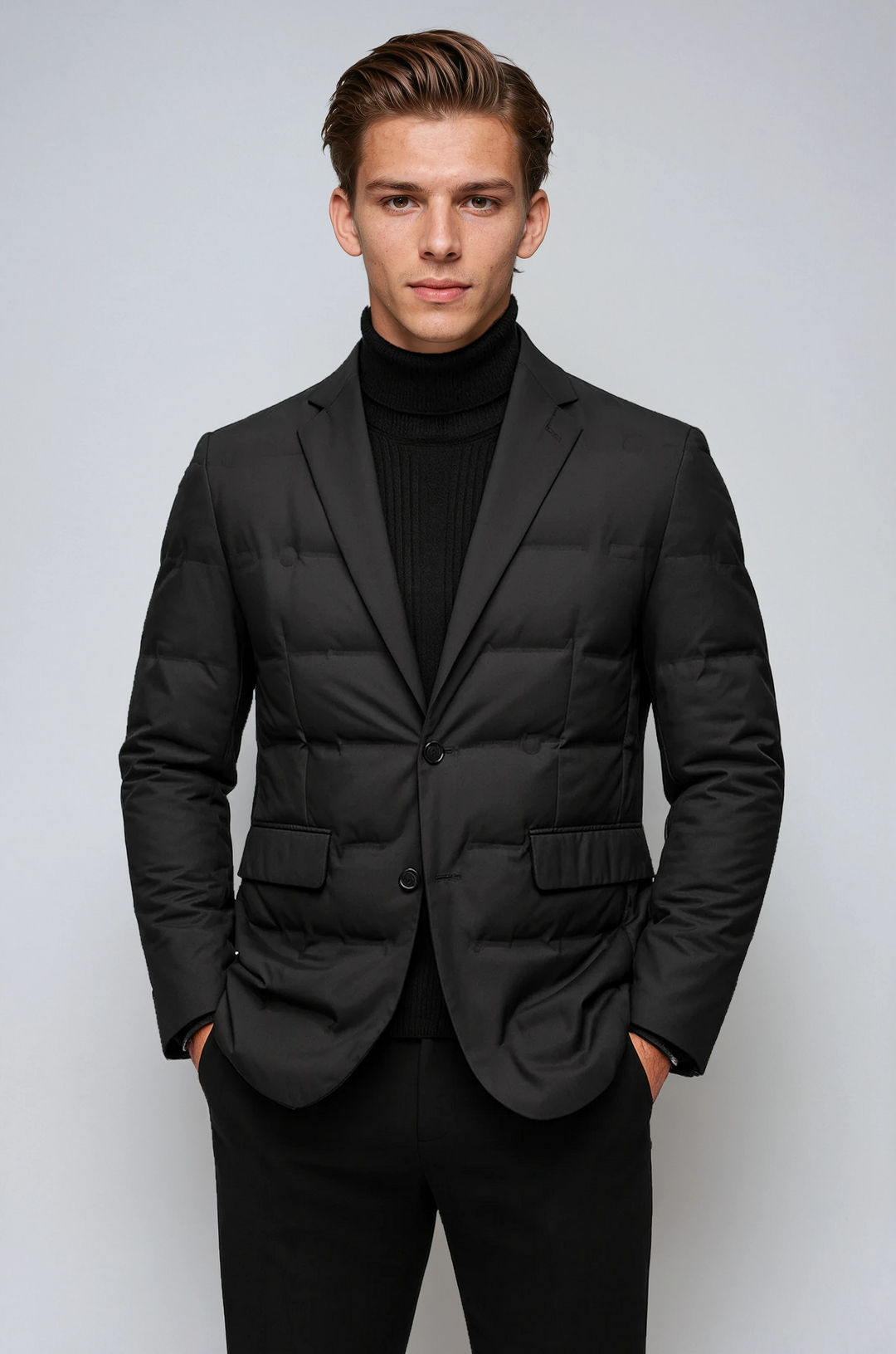Chaqueta acolchada de invierno para hombre, color negro, con botones frontales. Abrigo cálido de estilo casual y urbano.