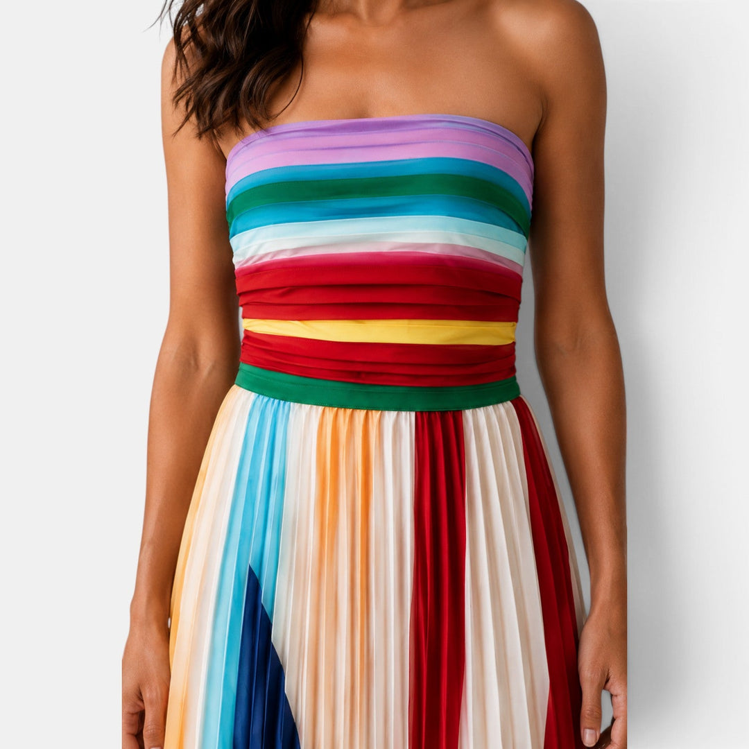 Vestido largo plisado sin tirantes para mujer, multicolor. Ideal para eventos de verano o noche, estilo casual chic.