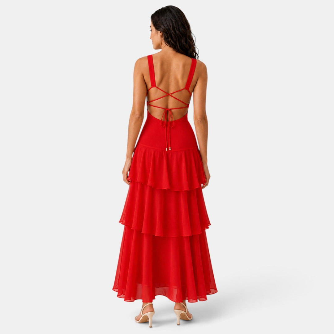 Vestido largo y elegante con volantes, moda para fiesta de verano.