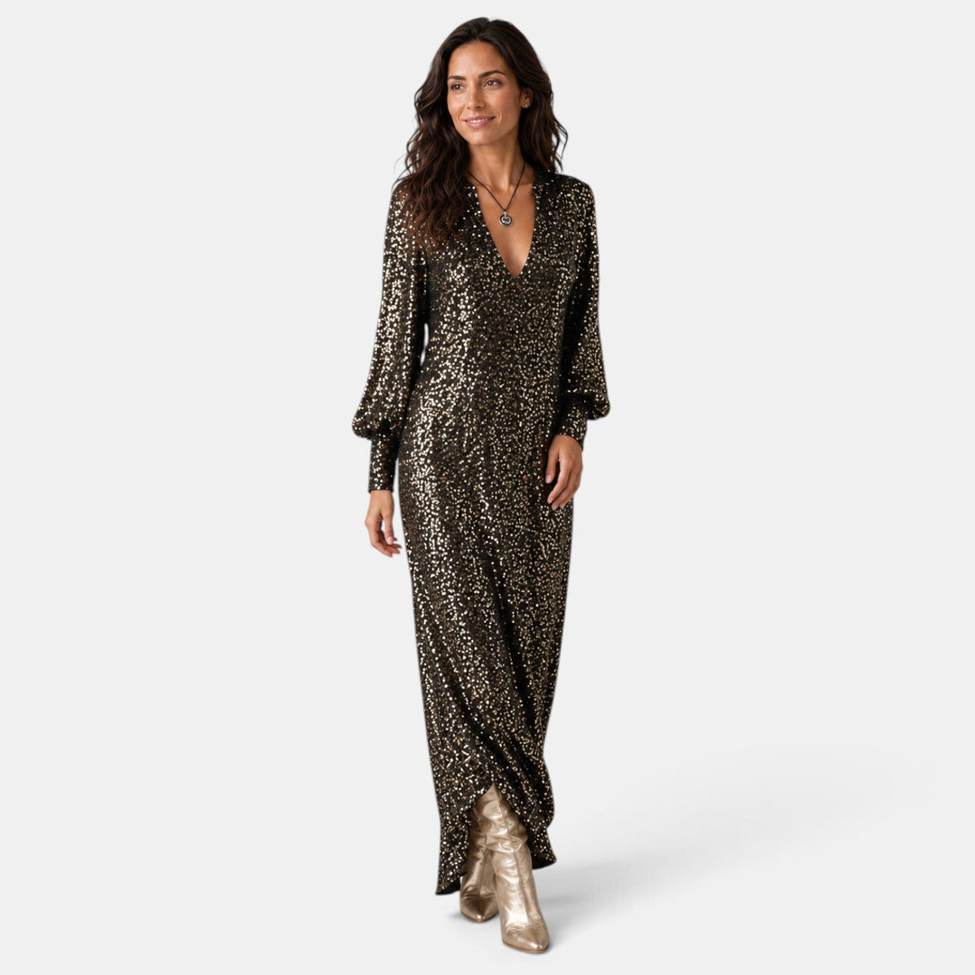 Vestido maxi de lentejuelas para mujer. Ideal como vestido de noche o para asistir a una boda.
