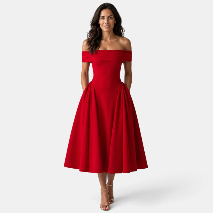 Vestido midi elegante con escote off-shoulder para mujer, falda evasé. Ideal para fiestas y eventos formales.