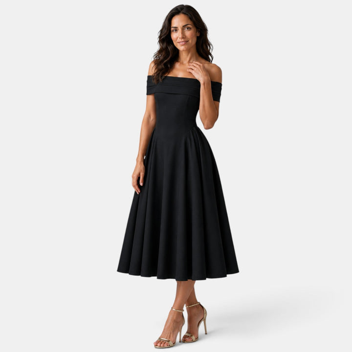 Elegante vestido midi de mujer con escote off-shoulder y falda evasé. Ideal para eventos formales.