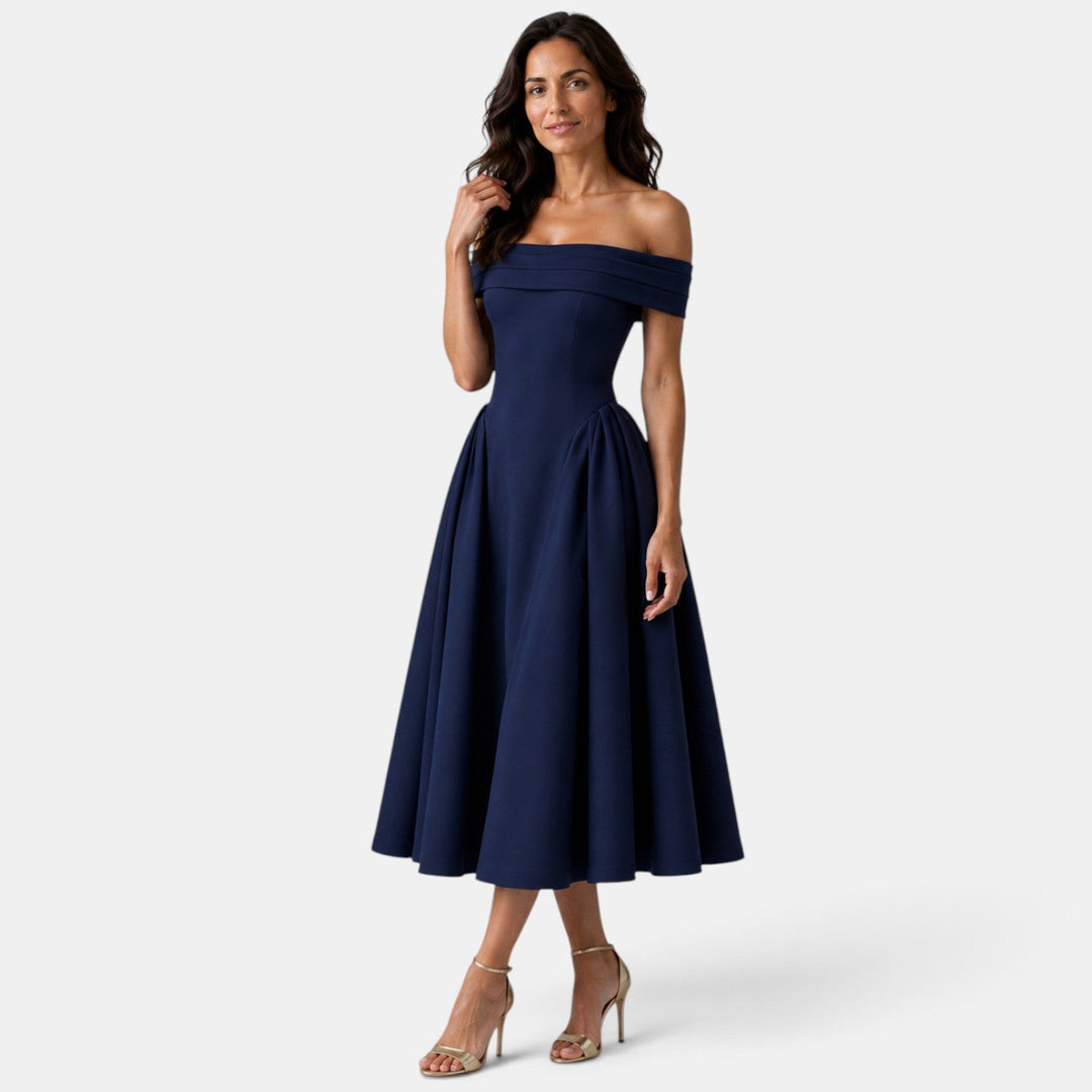 Vestido midi para mujer con escote off-shoulder, falda evasé. Vestido de fiesta elegante para ocasiones especiales.