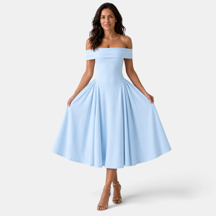 Moda femenina: vestido midi con escote off-shoulder y falda evasé. Vestido elegante para cualquier fiesta.