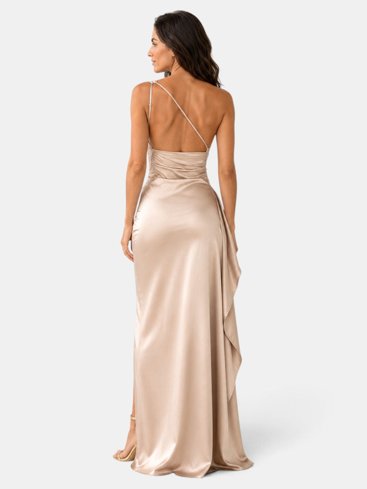 Vestido de gala asimétrico de un hombro con destellos brillantes para mujer, perfecto para boda.