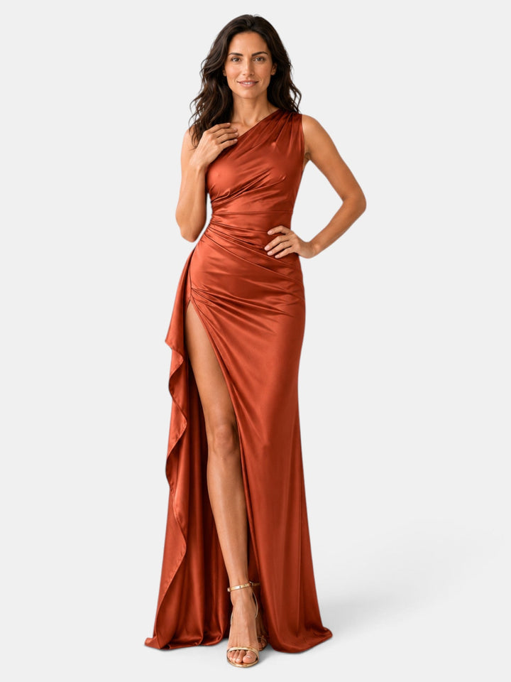 Vestido moderno de fiesta para mujer, un hombro, con detalles brillantes, de estilo muy elegante.