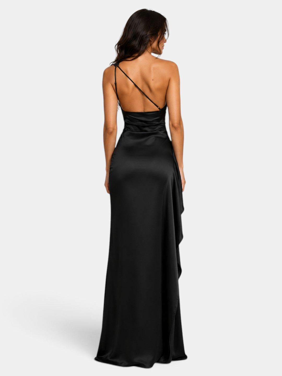 Sofisticado vestido de noche para mujer, un hombro, con sutiles destellos, ideal para fiesta moderna.