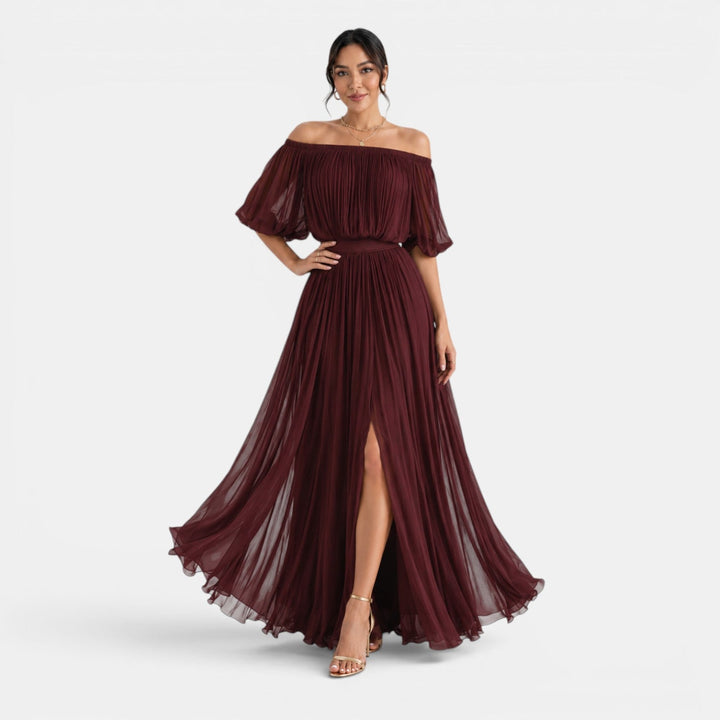 Vestido de mujer elegante, largo y plisado de chifón para fiestas y bodas.