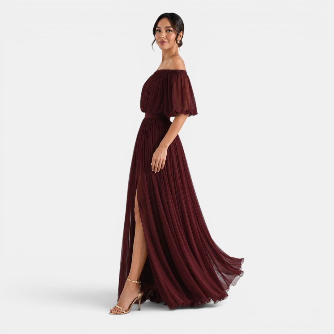 Moda femenina: vestido largo elegante de fiesta en chifón plisado para boda.