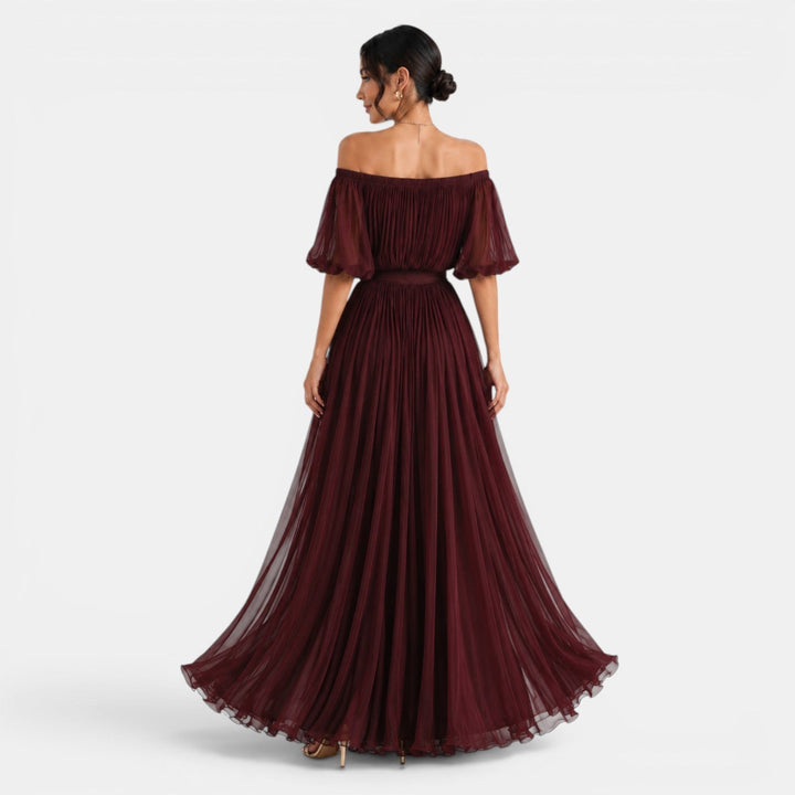 Vestido de fiesta de mujer, largo y elegante, con detalles plisados en chifón, ideal para gala.