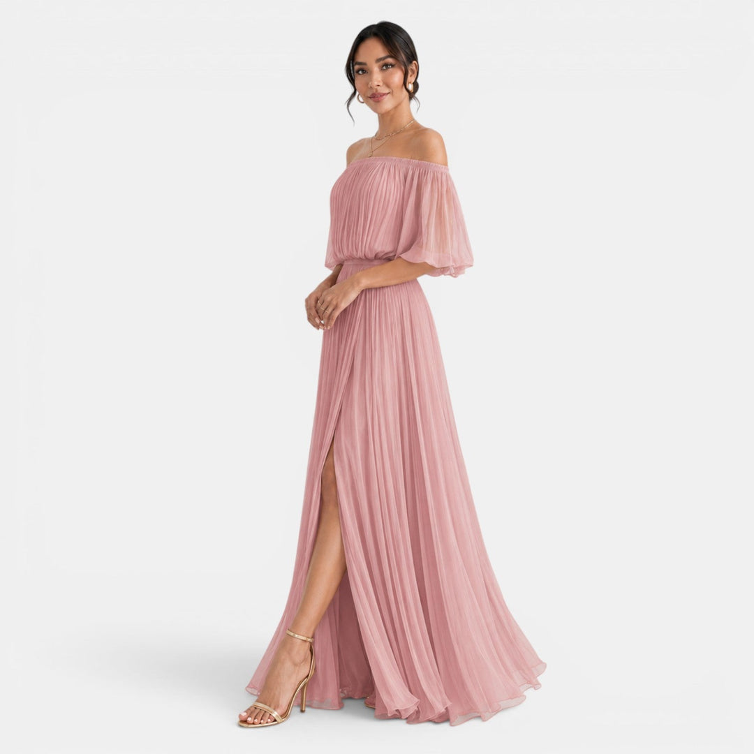 Vestido de gala largo para mujer, elegante y con plisado, ideal para bodas y eventos de noche.