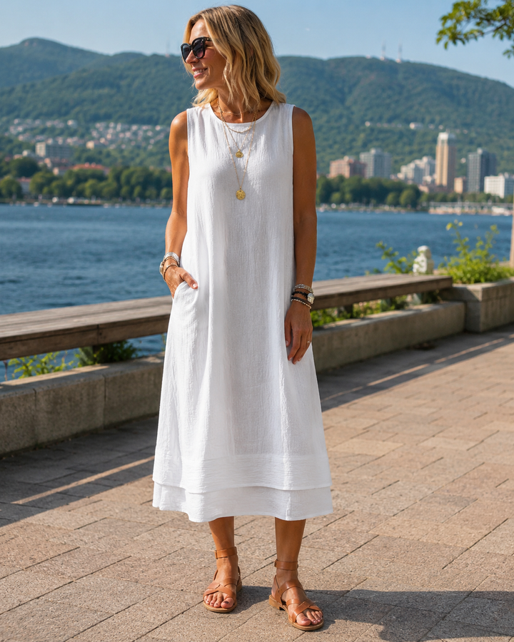 Vestido midi sin mangas para mujer, con bolsillos y volante. Estilo casual de verano, muy cómodo.