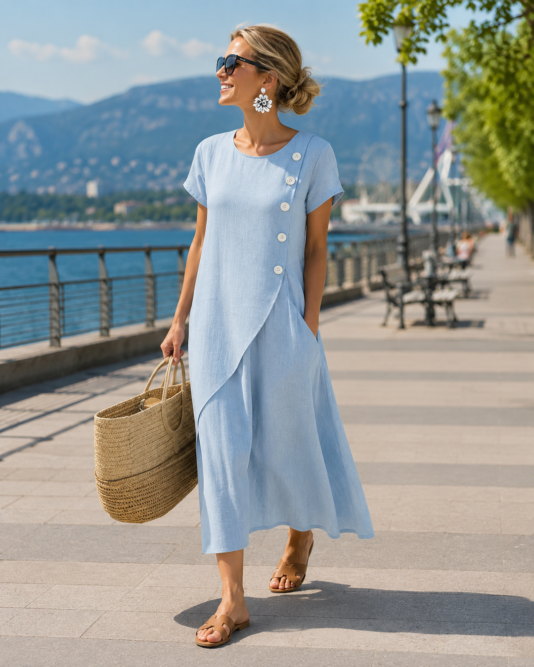Vestido midi de mujer efecto lino casual. Diseño fresco con botones asimétricos y prácticos bolsillos. Ideal para verano.