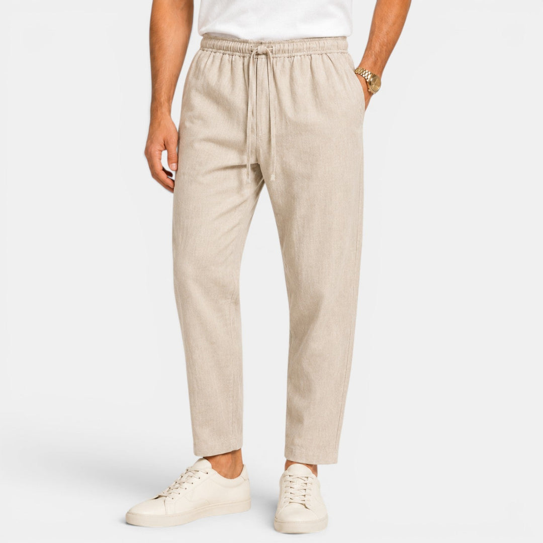 Pantalón de lino casual para hombre, ideal para el verano y clima fresco.