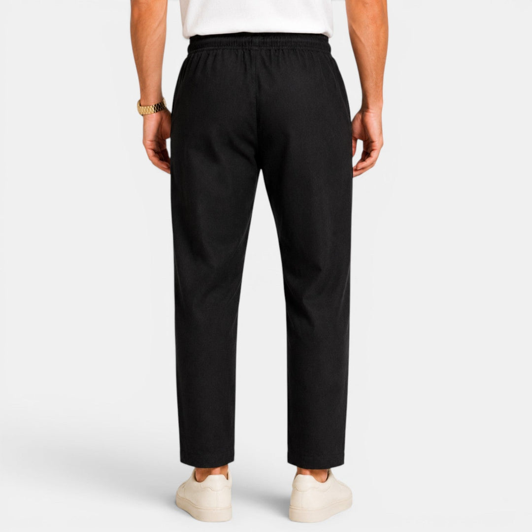 Textura del pantalón de lino para hombre, tejido transpirable ideal para el calor.