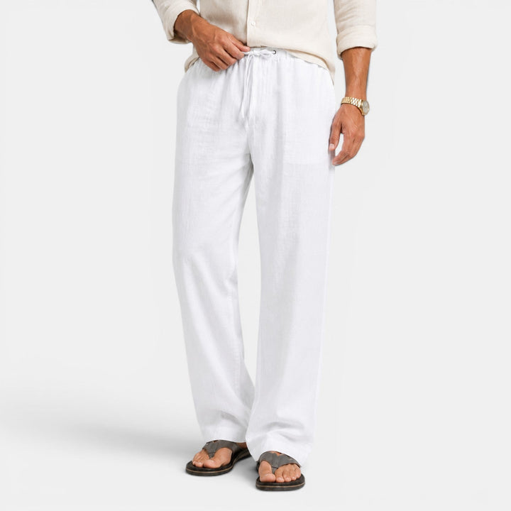 Pantalón de lino fresco para hombre, ideal para verano casual. Comodidad transpirable para playa o ciudad.