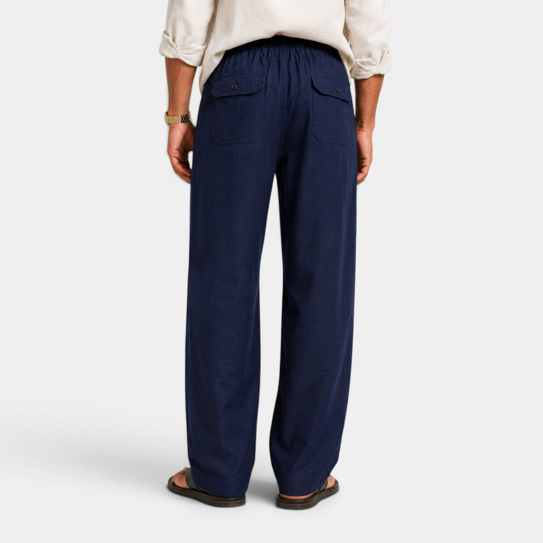 Pantalón de lino para hombre, color verde oliva. Estilo casual de verano, transpirable y cómodo para toda ocasión.