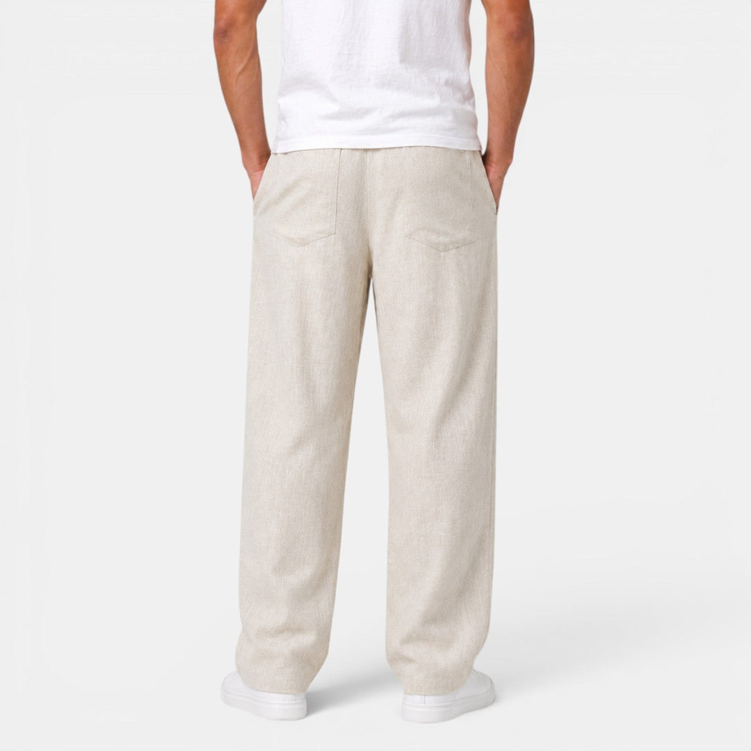 Pantalón recto de lino-algodón para hombre, elegante y versátil, ideal para cualquier evento de verano.