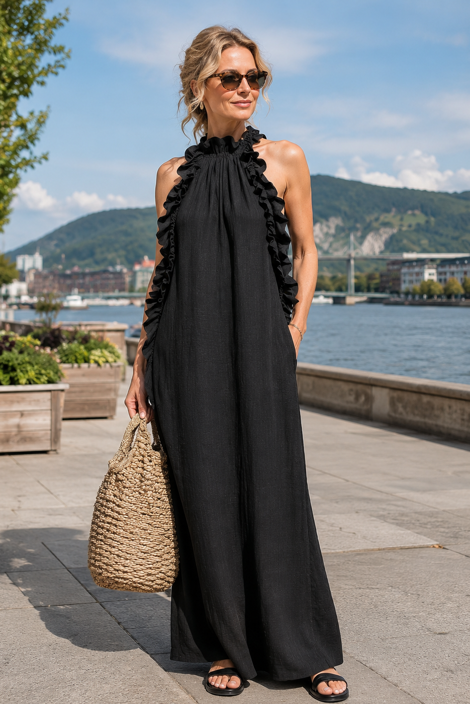 Vestido maxi de mujer con volantes sin mangas y bolsillos laterales, ideal para un look casual.