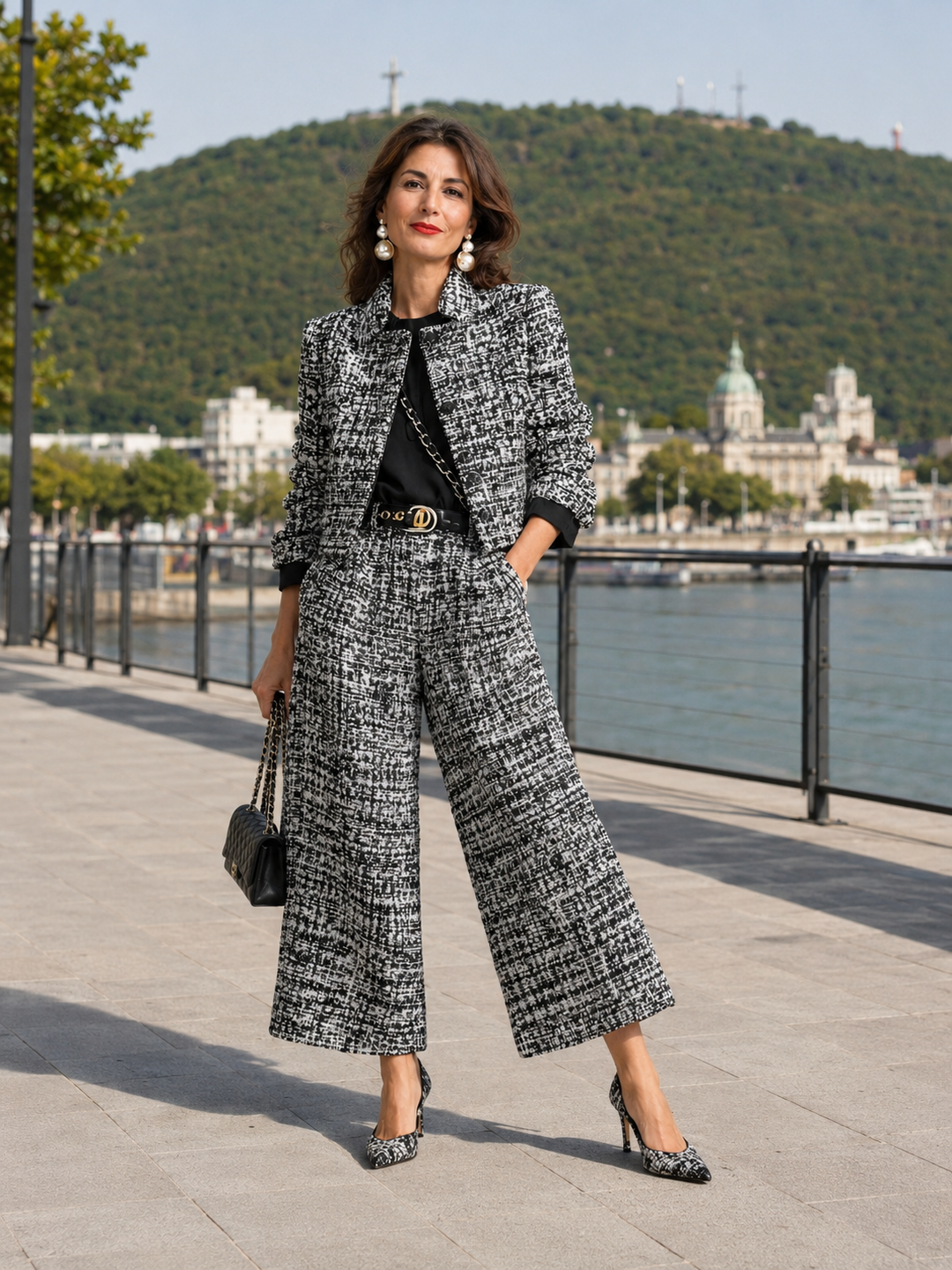 Conjunto de tweed elegante para mujer: chaqueta corta y pantalón ancho. Ideal para oficina o evento formal.