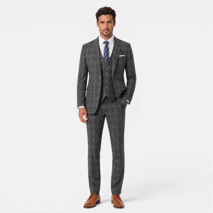 Set de traje de hombre 3 piezas: chaqueta, chaleco y pantalón a cuadros. Formal y elegante para bodas.
